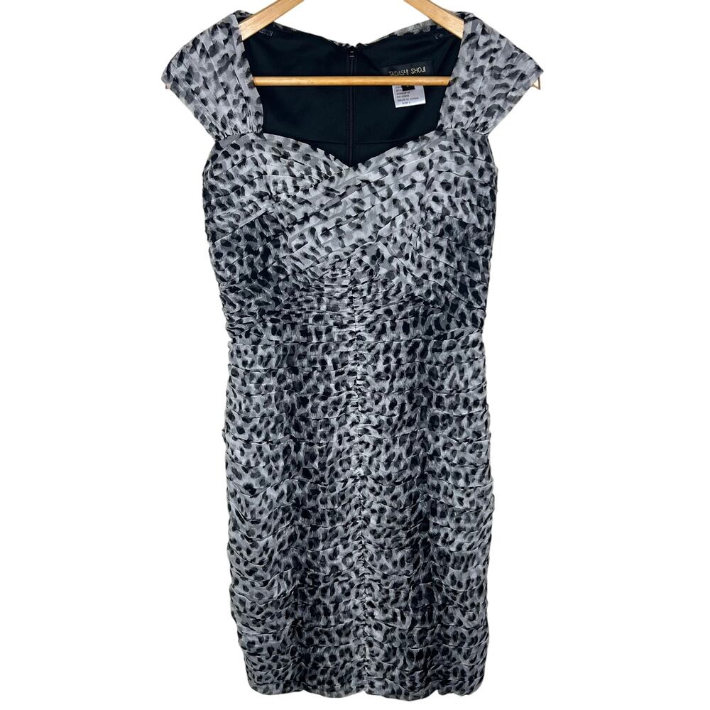 Tadashi Shoji Silk Dress 2 Womens Gray Black Leopard Ruched Pleated Mini Sheath